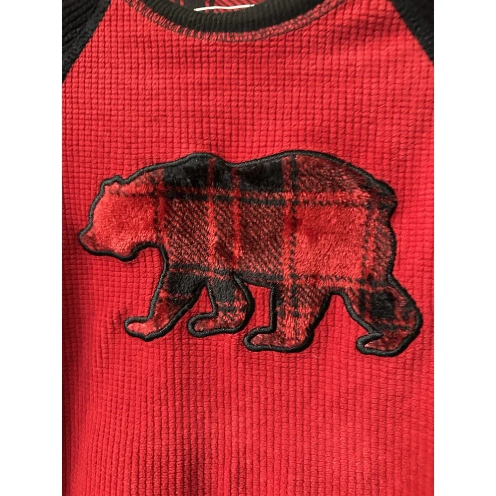 Eddie Bauer Kids Sleep Shirt Sz XXS 3/4 Red Black Thermal Waffle Bear Pajama Top